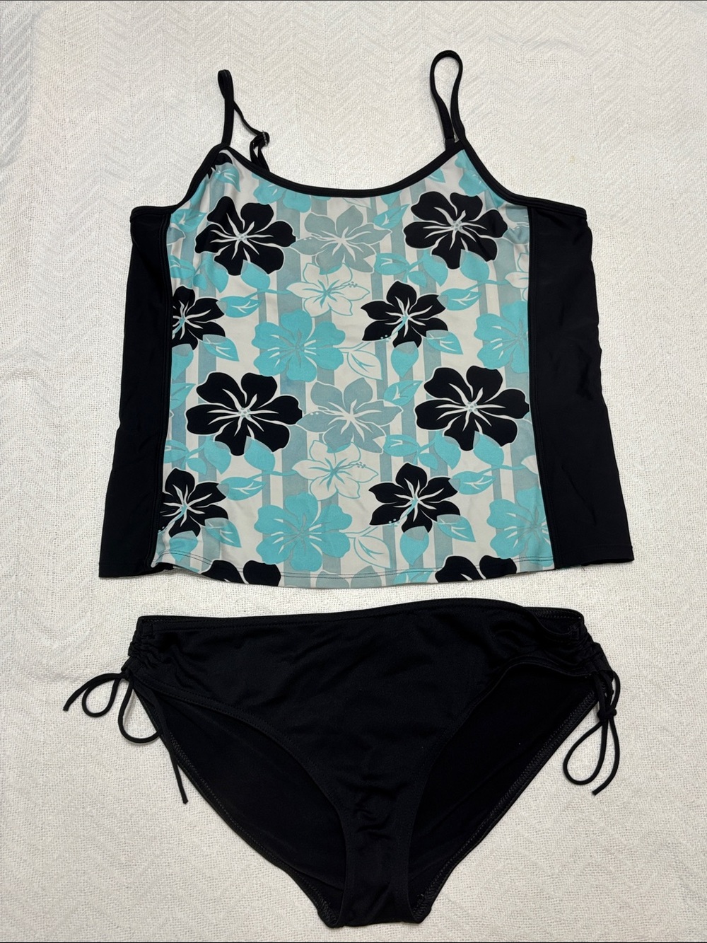 Athletech Hibiscus Floral Tankini 18 Merona Bikini XL Swimsuit Black Blue